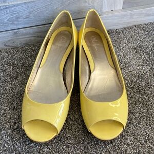 Yellow Patent Leather Nike Air low wedge heels with an open toe by Cole Haan
